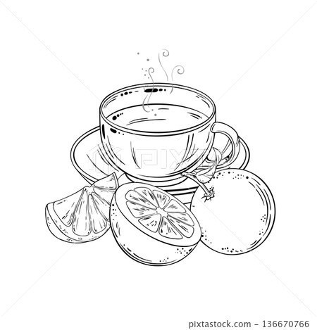 Cup of Orange Tea Outline Illustration. 136670766