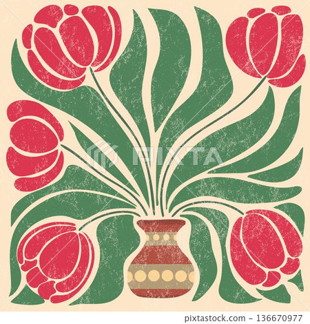 Retro Style Red Tulips In Vase Illustration 136670977