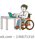Illustration of a wheelchair user operating a laptop at a desk (business) 136671310