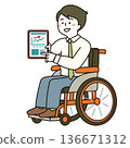 Illustration of a wheelchair user giving a presentation on a tablet (business) 136671312