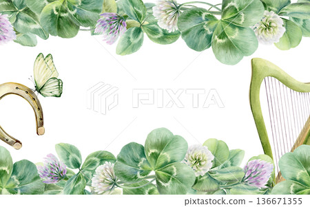 White and lilac clover flowers and leaves in double border template with harp,horseshoe,butterfly,symbolizing bloom,new life,and luck.Watercolor for,invites,joyful seasonal festive of St Patricks Day White and lilac clover flowers and leaves in double border template with harp,horseshoe,butterfly,symbolizing bloom,new life,and luck.Watercolor for,invites,joyful seasonal festive of St Patricks Day 136671355