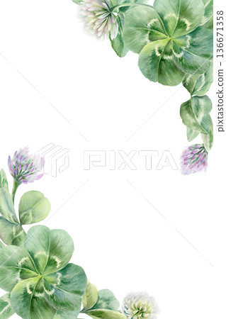 Clover leaves trefoil and four leaves,with lilac and white flowers in elegant corner frame.Watercolor template,symbolizing luck and new beginnings,for wedding invitations,romantic celebrations 136671358