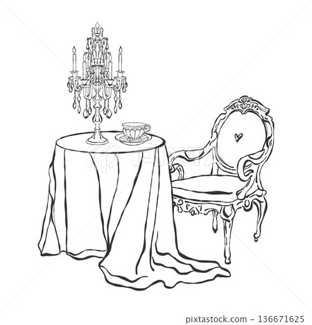 A romantic breakfast, elegant table setting, a flirty decorative tablecloth, candles, and a cup of tea. A composition of a table, chair, and decor in the Rococo and Baroque styles. Hand-drawn vector 136671625
