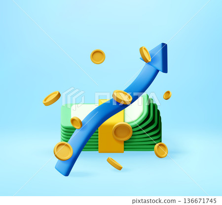 3D arrow rising with stack of banknote and coins 3D arrow rising with stack of banknote and coins 136671745