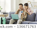 Couple using laptop and credit card for online travel booking at home together 136671763