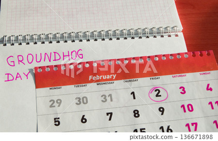 Groundhog day February calendar, Notepad with date 2 Feb 136671898