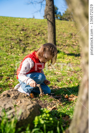 Little girl exploring nature in city park during spring walk. Curious child interacting with soil, leaves and landscape in outdoor environment. 136672029