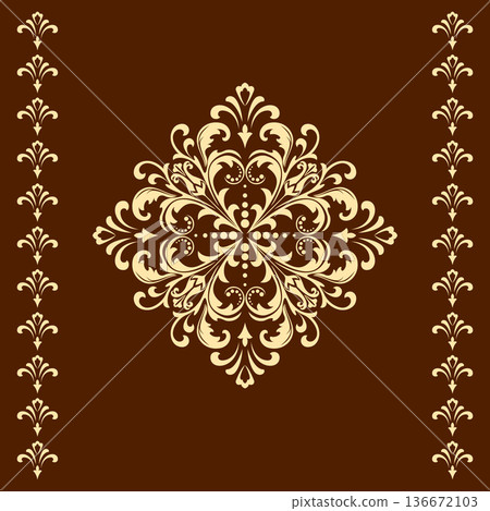 Damask graphic ornament. Floral design element. Golden and brown vector pattern Damask graphic ornament. Floral design element. Golden and brown vector pattern 136672103
