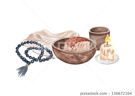 Rosary beads, folded burial cloth, burning candle stub, clay cup, bowl with bread watercolor isolated on white. Perfect for Ash Wednesday, Holy Week, church media, sermons, posters, faith-based design 136672104