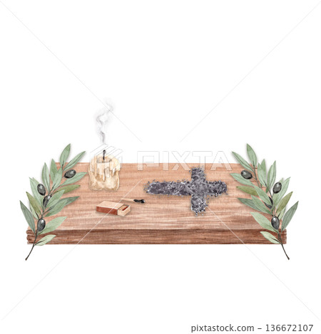 Ash cross on wooden table with burning candle, matchbox, olive branches Watercolor illustration isolated on white background. Symbol of Ash Wednesday and Lent, hand painted religious composition Ash cross on wooden table with burning candle, matchbox, olive branches Watercolor illustration isolated on white background. Symbol of Ash Wednesday and Lent, hand painted religious composition 136672107