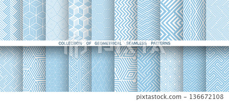 Geometric set of seamless blue and white patterns. Simple vector graphics 136672108