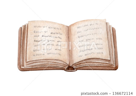 Open book with text watercolor illustration isolated on white. Hand-painted object, copy space, ideal for education, reading concepts, publishing projects, presentations, posters, editorial design 136672114