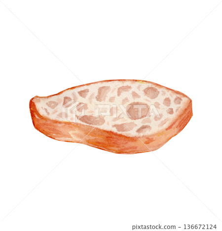 Baguette slice isolated on white background, hand-painted watercolor illustration with crust texture and airy detail, perfect for bakery branding, menu design, packaging, food blogs, print projects 136672124
