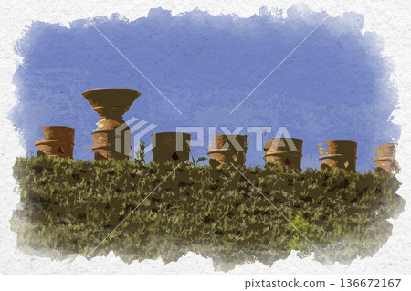 Watercolor painting of Senashi Kofun, Zozan No. 5 Tomb, Okayama City, Okayama Prefecture Watercolor painting of Senashi Kofun, Zozan No. 5 Tomb, Okayama City, Okayama Prefecture 136672167