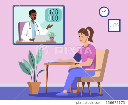 Online Doctor Consult Woman with Blood Pressure Check Online Doctor Consult Woman with Blood Pressure Check 136672173