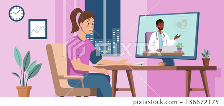 Online Doctor Consult Woman with Blood Pressure Check Online Doctor Consult Woman with Blood Pressure Check 136672175