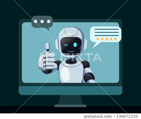 Friendly Robot Giving Thumbs Up on Computer Screen 136672250