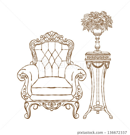 Vintage illustration of a Victorian interior. An armchair, table, and vase of flowers in the Rococo and Baroque styles. Antique classic furniture. Hand-drawn vector outline illustration isolated on a Vintage illustration of a Victorian interior. An armchair, table, and vase of flowers in the Rococo and Baroque styles. Antique classic furniture. Hand-drawn vector outline illustration isolated on a 136672337