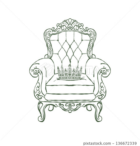 A classic vintage armchair with a royal crown on the seat. Romantic interior. Baroque and Rococo style. Classic upholstered furniture. Green vector outline clipart. Hand-drawn retro illustration. 136672339