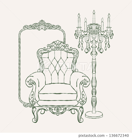 Victorian interior. Classic vintage armchair, antique mirror, floor lamp with candelabra and candles in the Baroque and Rococo styles. Classic upholstered furniture. Vector outline clipart. Retro hand 136672340