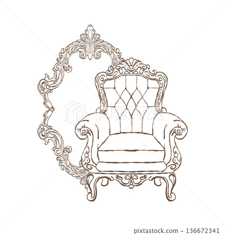 Victorian interior. Classic vintage armchair and antique mirror in the Baroque and Rococo styles. Classic upholstered furniture. Vector outline clipart. Retro hand-drawn illustration. Romantic 136672341