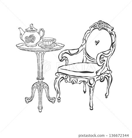 A romantic breakfast, elegant table setting, teapot, and cup of tea. A composition of a table, chair, and decor in the Rococo and Baroque styles. Hand-drawn vector illustration of a Victorian interior A romantic breakfast, elegant table setting, teapot, and cup of tea. A composition of a table, chair, and decor in the Rococo and Baroque styles. Hand-drawn vector illustration of a Victorian interior 136672344