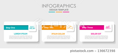 Infographic template with three colorful options, icons, and text boxes. Vector illustration. Infographic template with three colorful options, icons, and text boxes. Vector illustration. 136672398