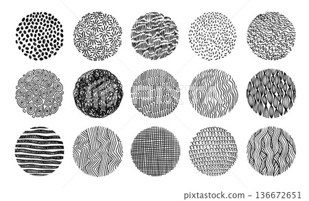 Doodle round pattern. Hand drawn abstract organic, geometric, halftone graphics textures. Scandinavian scribble minimalist dotted, wavy striped, grunge freehand boho trendy spiral stroke vector set 136672651