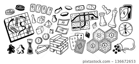 Board game doodle. Snakes ladders board, dice, dominoes, cards and chess, tokens, money, tiles, hourglass, spinner. Hand drawn vector illustration 136672653