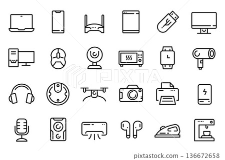 Device line icons. Electronics gadget, appliance. Desktop computer, monitor and laptop, smartphone and webcam, microphone and speaker, headphones and camera, printer and smartwatch. Vector set 136672658