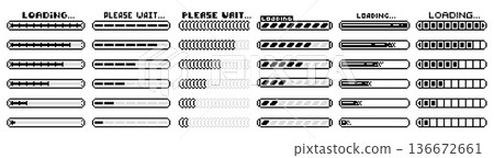 Pixel loader. Retro video game download process indicator, health meter, status level for arcade gaming dashboard. 80s vintage video game pixelated user interface elements. Vector isolated set 136672661