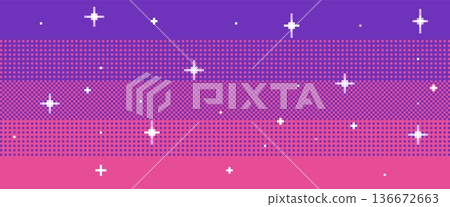 Sunset pixel sky. 8bit magic pink star field with dithering, pixelated stars. 80s galaxy interstellar, retro 2D arcade videogame. Vaporwave or synthwave wallpaper universe pattern. Vector background 136672663