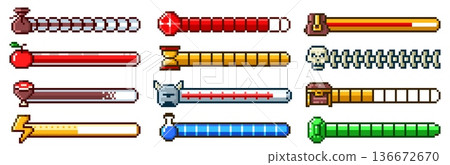 Pixel progress bar. 8bit 80s arcade game status indicator, rpg gaming pixelated UI. Health meter, energy level, hourglass and food symbols. Emerald, helmet and treasures chest, skull. Vector set 136672670
