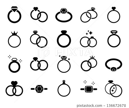 Engagement ring icons. Wedding intertwined rings, marriage and love symbol for anniversary invitation card, honeymoon decoration. Newlyweds vow, romantic relationship and bridal vector pictogram 136672678