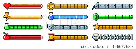 Pixel progress bar. 8bit retro arcade game status indicator, rpg gaming pixelated interface. Health meter, stamina or energy level, weapon and coin symbols. Potion, shield and heart, skull vector set Pixel progress bar. 8bit retro arcade game status indicator, rpg gaming pixelated interface. Health meter, stamina or energy level, weapon and coin symbols. Potion, shield and heart, skull vector set 136672680