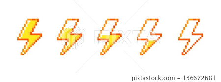 Pixel lightning energy bar. 8bit battery power charge interface indicator, videogame health status. Thunderbolt progress levels. Retro 80s arcade game UI pixelated element. Vector isolated set 136672681