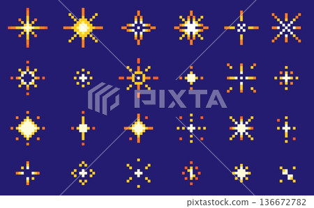 Pixel star 8bit icons. 80s retro sparks pixel art, sparkle emoji. Video arcade game pixelated firework burst, magic night space twinkle. Yellow 90s y2k starburst, golden color flash vfx. Vector set 136672782