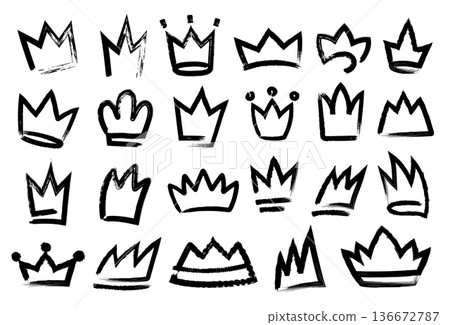 Crown brush paint icons. Freehand, graffiti tiara, abstract grunge ink princess, queen and king, prince distressed stroke crowns royalty symbol. Premium, winner and award prize emblem. Vector set 136672787