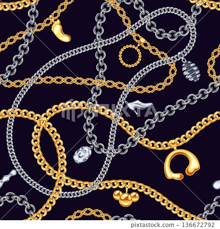 Golden, silver chains baroque lace seamless pattern. Luxury jewelry shiny accessory, wavy gold links necklace, bracelet on black background. Glamour fashion tiled decoration. Vector wallpaper texture 136672792