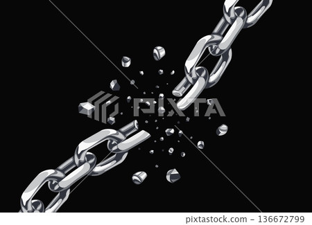 Broken metal chain with snapping. Freedom and energy, power and escape concept. Glossy steel chain link rupture, liberation and unshackled symbol. Vintage vector isolated illustration 136672799