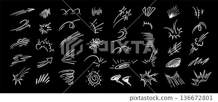Comic energy elements doodle set. Speed rays and explosion bursts for cartoon manga action, dynamic motion, power and sound, bomb bang impact effect. Hand drawn isolated vector collection Comic energy elements doodle set. Speed rays and explosion bursts for cartoon manga action, dynamic motion, power and sound, bomb bang impact effect. Hand drawn isolated vector collection 136672801
