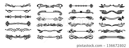 Art nouveau dividers with floral flourishes. Retro borders, baroque heading separators, ornamental book page ornate footer. Decorative art deco vintage frame jugendstil elements isolated vector set Art nouveau dividers with floral flourishes. Retro borders, baroque heading separators, ornamental book page ornate footer. Decorative art deco vintage frame jugendstil elements isolated vector set 136672802