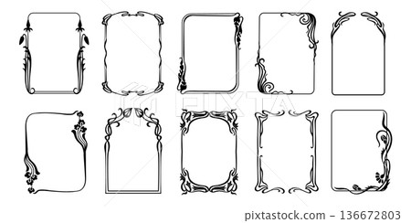 Art nouveau frame set with floral borders and ornate filigree for vintage certificate, classic wedding invitation and baroque monogram. Vector decorative ornamental floral frames isolated set 136672803