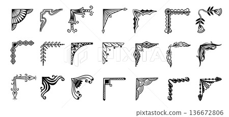 Hand drawn corners with ornament filigree scrolls and art nouveau flourishes vintage borders, retro invitation trim, baroque scrapbook label. Vector black silhouettes for lace edging, ornate divider 136672806