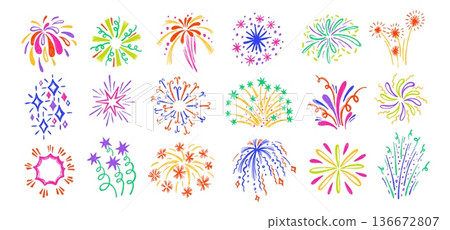 Fireworks burst doodle. Firecracker with sparkle stars and color explosion for holiday celebration, Diwali festival and party invitation. Hand drawn bright pyrotechnic, confetti isolated vector set Fireworks burst doodle. Firecracker with sparkle stars and color explosion for holiday celebration, Diwali festival and party invitation. Hand drawn bright pyrotechnic, confetti isolated vector set 136672807