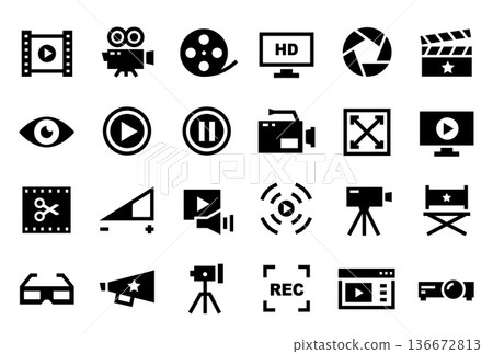 Video icons. Camera shutter, film reel, movie and streaming, clapper symbol, cinema and media content player. Broadcast button, studio light and flash, projector. Video production isolated vector set 136672813