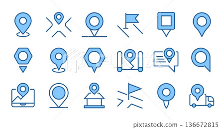 Map pin icons. Location marker and pointer flag for GPS navigation, delivery UI, route tracking. Geotag, address and route direction, place here and destination POI symbol. Vector isolated set Map pin icons. Location marker and pointer flag for GPS navigation, delivery UI, route tracking. Geotag, address and route direction, place here and destination POI symbol. Vector isolated set 136672815