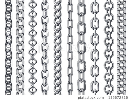 Silver chain seamless borders. Vertical metal links, polished steel pattern brushes for jewelry, marine design. Glossy realistic chains for necklace or bracelet vector dividers isolated set 136672816