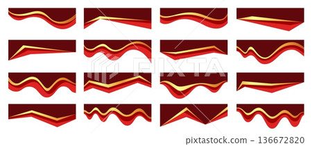Red gold curved separators, headline with waves for premium banners, wavy header or divider layout. Layered vector abstract element with glossy foil gradient for ornate borders or decorative frame Red gold curved separators, headline with waves for premium banners, wavy header or divider layout. Layered vector abstract element with glossy foil gradient for ornate borders or decorative frame 136672820