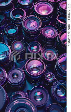 photography camera lenses pattern, collection of video and photo equipment set, technology background 136672906